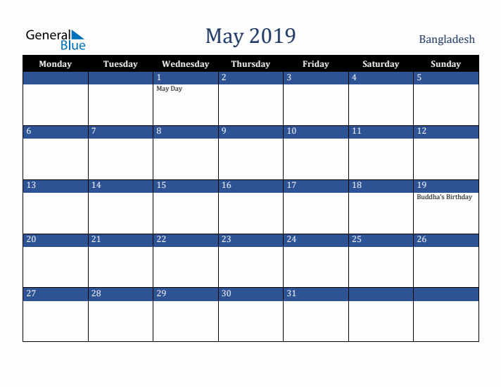 May 2019 Bangladesh Calendar (Monday Start)
