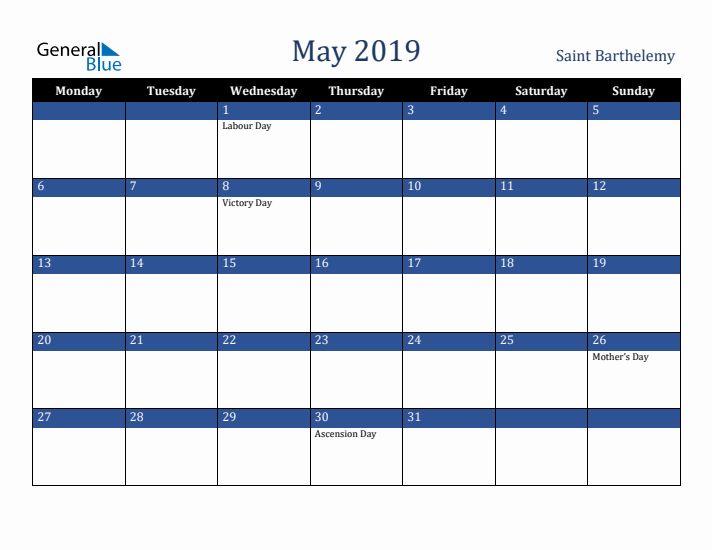 May 2019 Saint Barthelemy Calendar (Monday Start)
