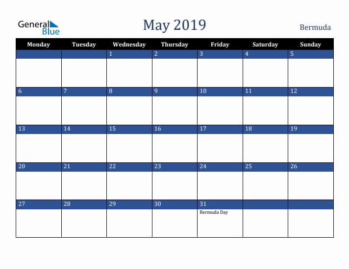 May 2019 Bermuda Calendar (Monday Start)