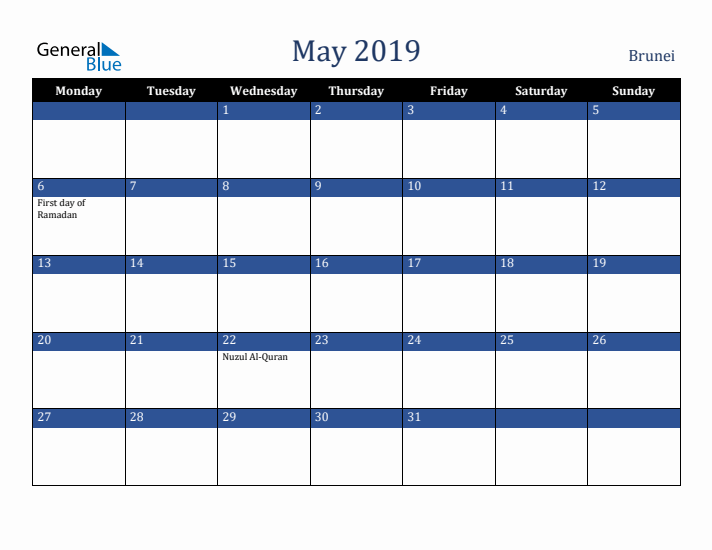 May 2019 Brunei Calendar (Monday Start)