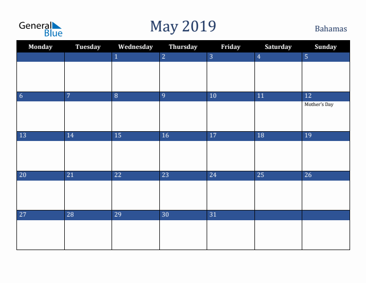 May 2019 Bahamas Calendar (Monday Start)