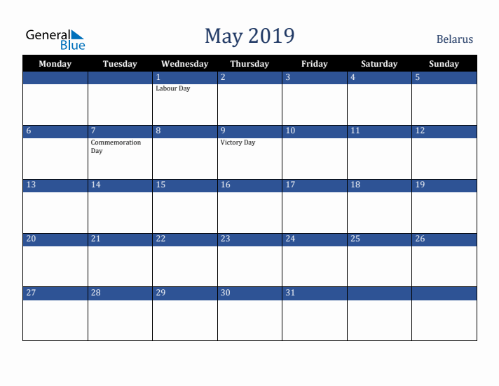May 2019 Belarus Calendar (Monday Start)