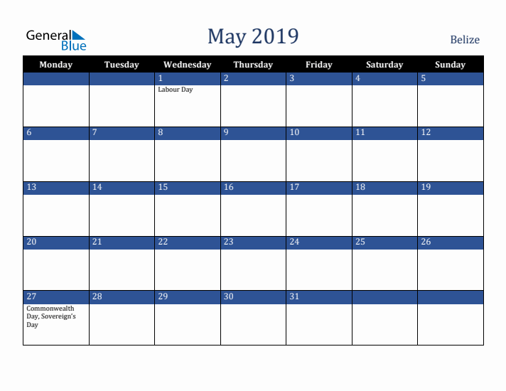 May 2019 Belize Calendar (Monday Start)