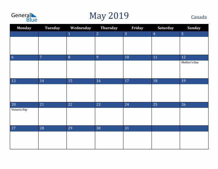 May 2019 Canada Calendar (Monday Start)