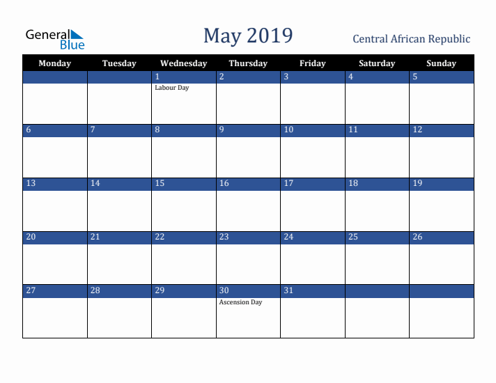 May 2019 Central African Republic Calendar (Monday Start)
