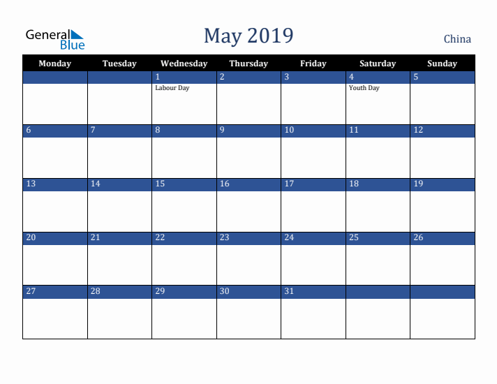 May 2019 China Calendar (Monday Start)