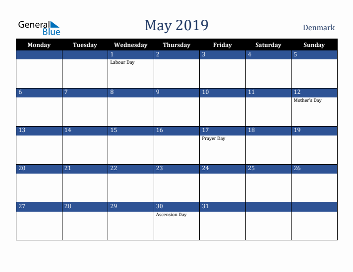 May 2019 Denmark Calendar (Monday Start)
