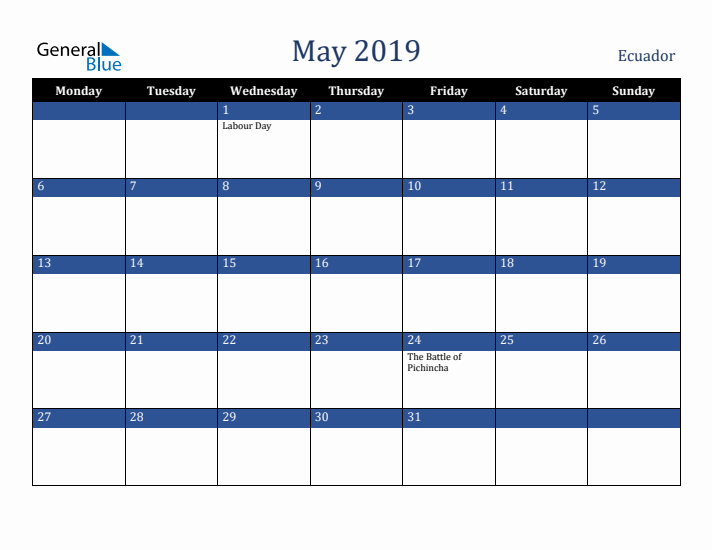 May 2019 Ecuador Calendar (Monday Start)