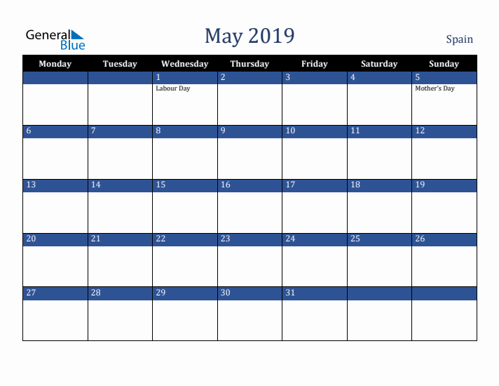 May 2019 Spain Calendar (Monday Start)