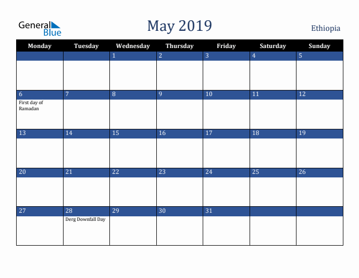 May 2019 Ethiopia Calendar (Monday Start)