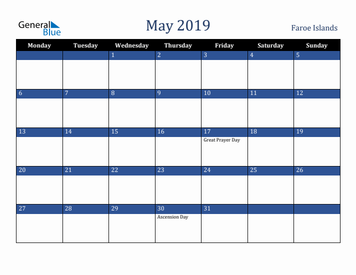 May 2019 Faroe Islands Calendar (Monday Start)