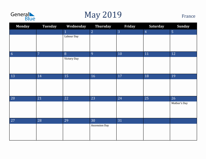May 2019 France Calendar (Monday Start)