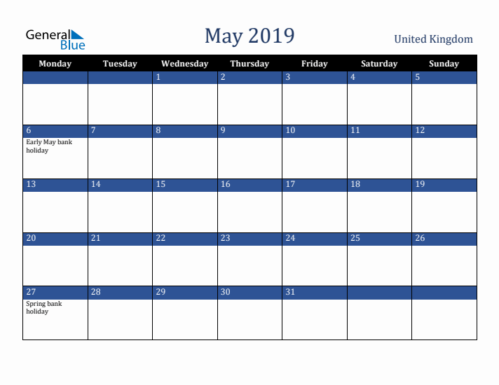 May 2019 United Kingdom Calendar (Monday Start)