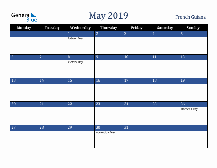 May 2019 French Guiana Calendar (Monday Start)