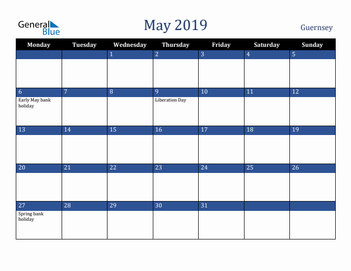 May 2019 Guernsey Calendar (Monday Start)