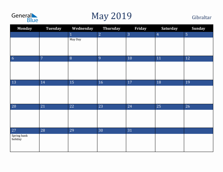 May 2019 Gibraltar Calendar (Monday Start)