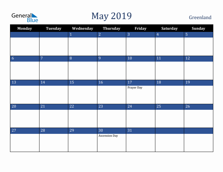 May 2019 Greenland Calendar (Monday Start)