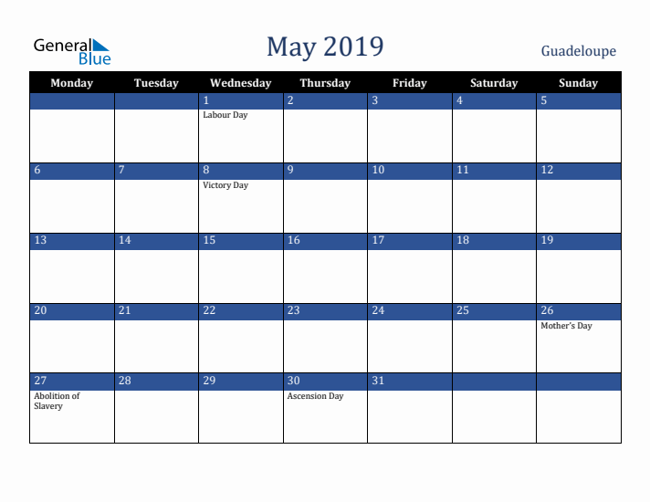 May 2019 Guadeloupe Calendar (Monday Start)