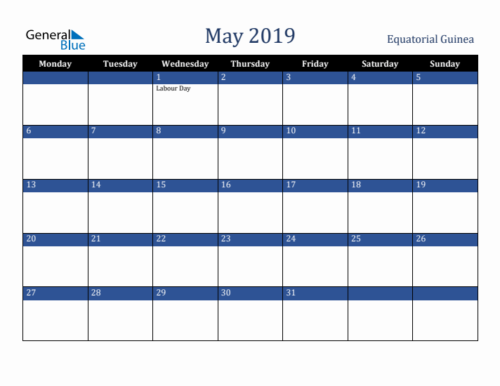 May 2019 Equatorial Guinea Calendar (Monday Start)