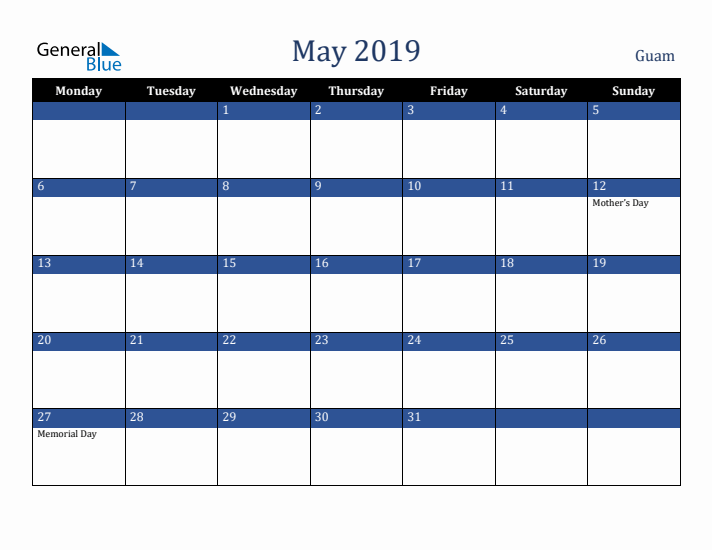 May 2019 Guam Calendar (Monday Start)