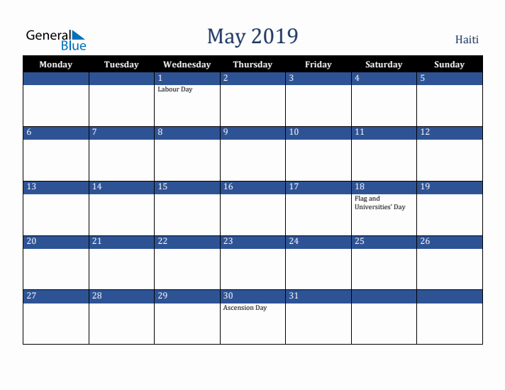 May 2019 Haiti Calendar (Monday Start)