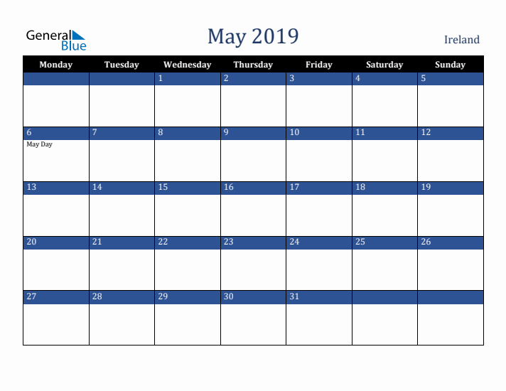 May 2019 Ireland Calendar (Monday Start)