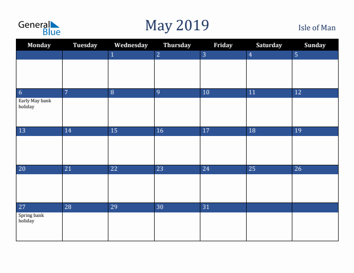 May 2019 Isle of Man Calendar (Monday Start)