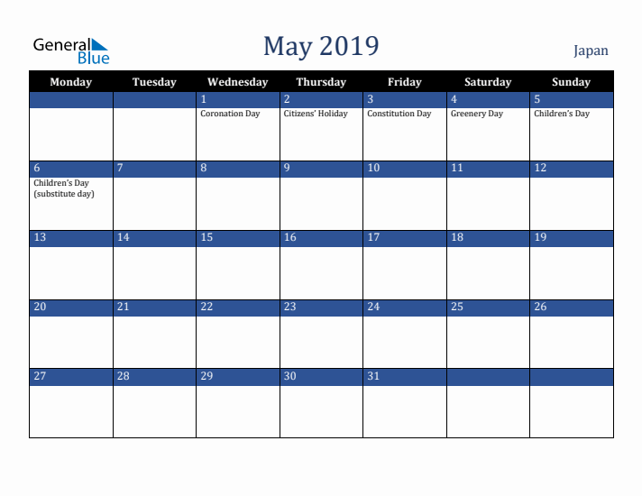 May 2019 Japan Calendar (Monday Start)