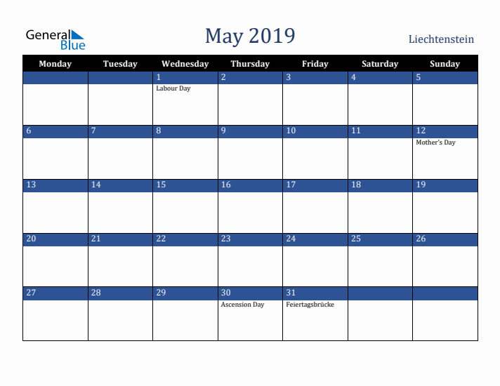 May 2019 Liechtenstein Calendar (Monday Start)