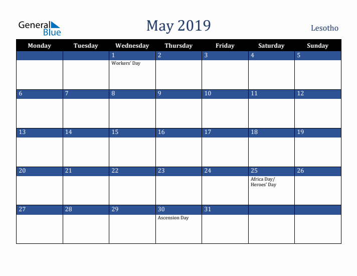 May 2019 Lesotho Calendar (Monday Start)
