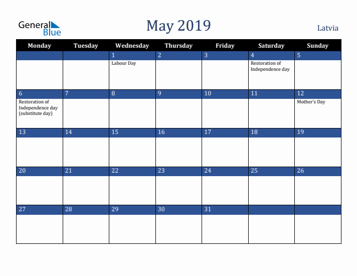 May 2019 Latvia Calendar (Monday Start)