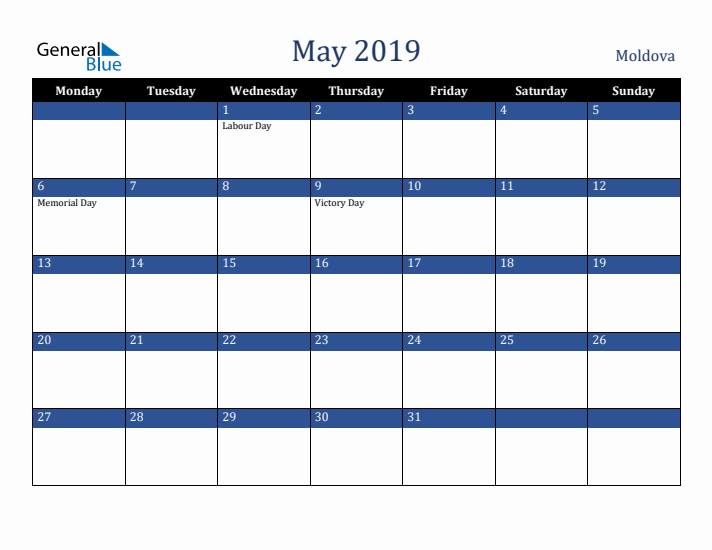 May 2019 Moldova Calendar (Monday Start)