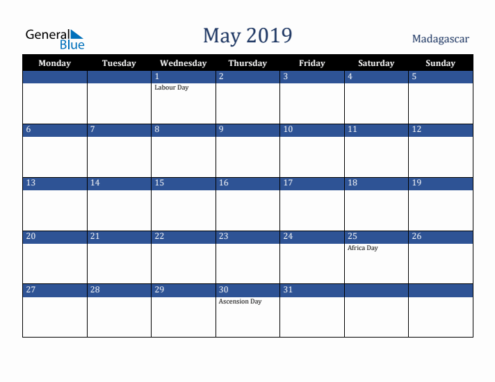 May 2019 Madagascar Calendar (Monday Start)