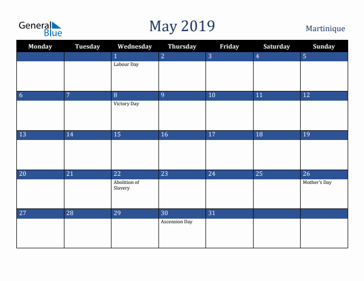May 2019 Martinique Calendar (Monday Start)