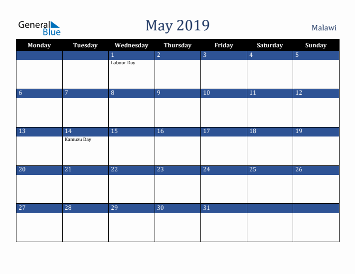 May 2019 Malawi Calendar (Monday Start)