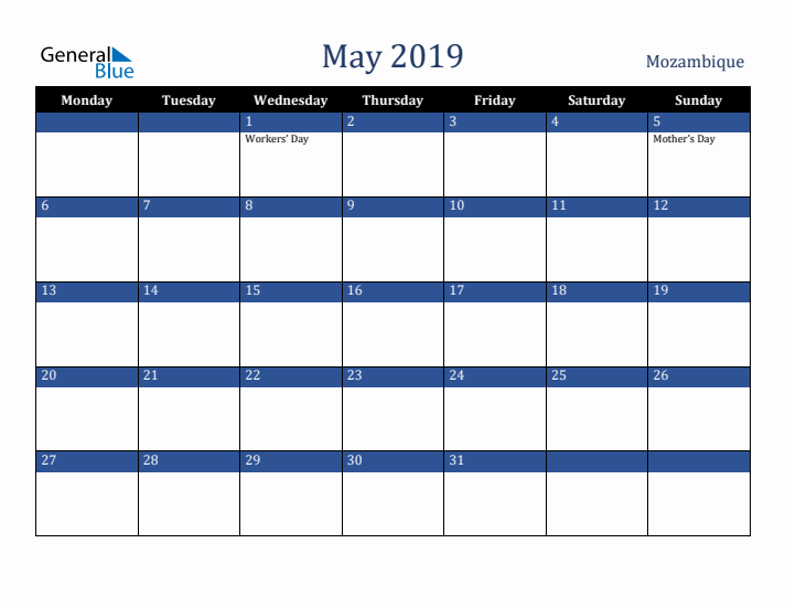 May 2019 Mozambique Calendar (Monday Start)