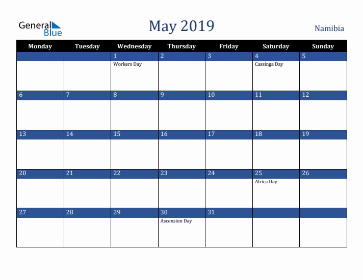 May 2019 Namibia Calendar (Monday Start)