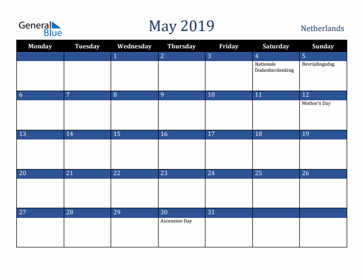 May 2019 The Netherlands Calendar (Monday Start)
