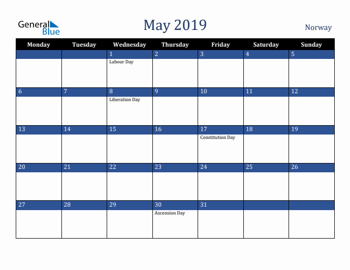 May 2019 Norway Calendar (Monday Start)