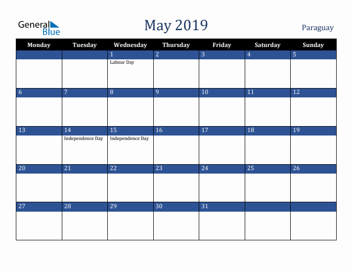 May 2019 Paraguay Calendar (Monday Start)