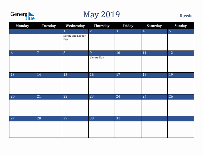 May 2019 Russia Calendar (Monday Start)