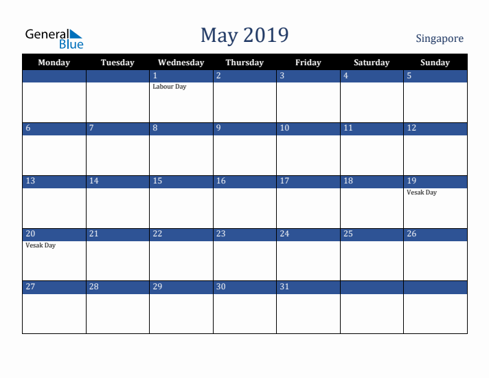 May 2019 Singapore Calendar (Monday Start)