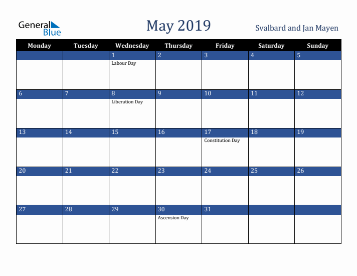 May 2019 Svalbard and Jan Mayen Calendar (Monday Start)