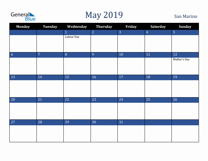 May 2019 San Marino Calendar (Monday Start)