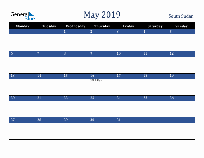 May 2019 South Sudan Calendar (Monday Start)
