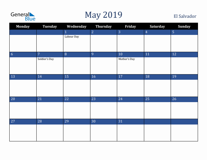 May 2019 El Salvador Calendar (Monday Start)