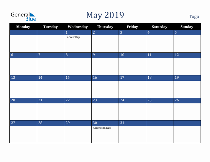 May 2019 Togo Calendar (Monday Start)