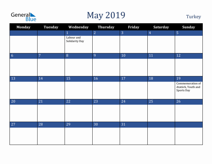 May 2019 Turkey Calendar (Monday Start)