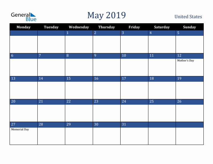May 2019 United States Calendar (Monday Start)