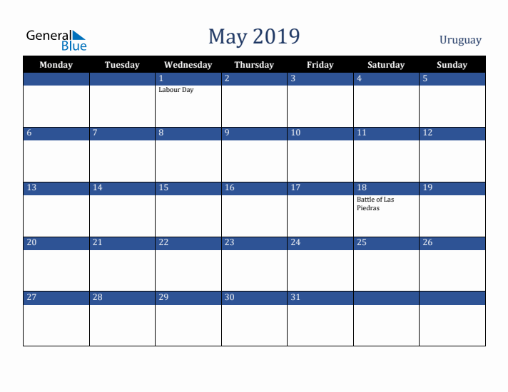 May 2019 Uruguay Calendar (Monday Start)